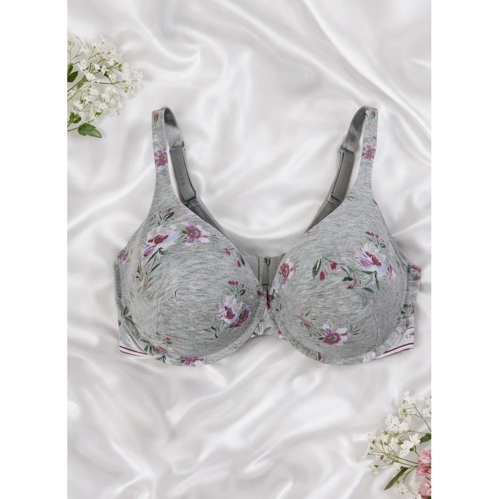 Cacique T Shirt Bra 42F Gray Floral Jersey Knit Smooth Underwire Full Coverage